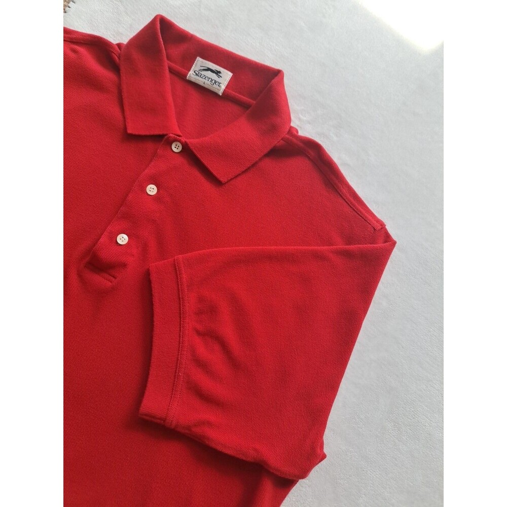 Slazenger Polo Shirt Men's Red Split Hem Logo Classic Casual Cotton L